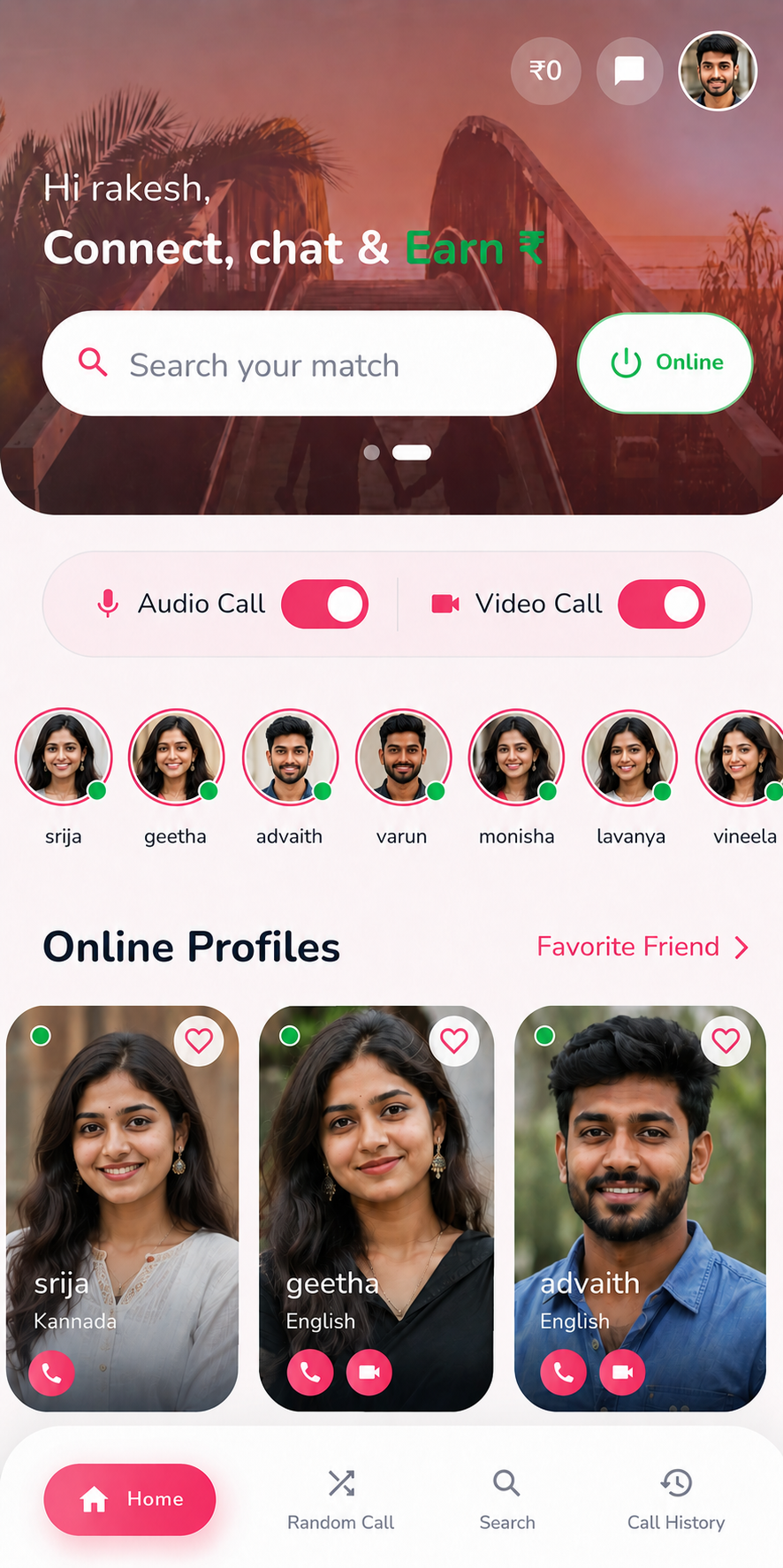 Talkoraa home screen — connect, chat and earn